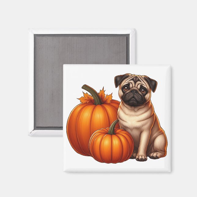 Íman Adorável Pug Sentado ao Lado de Abóboras e Folhas (Front/Back)