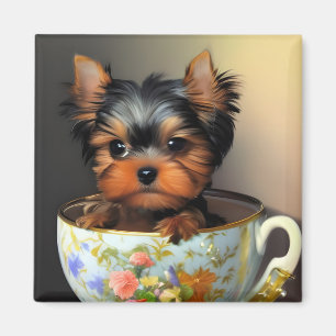 Íman Adorável Yorkie numa Xícara de Chá