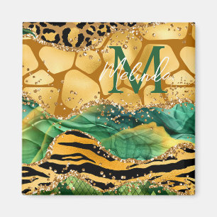 Íman Ágata de Impressão Animal Safari Dourado e Verde