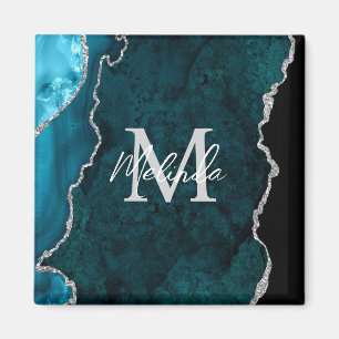Íman Ágata Mármore Azul Teal e Prata