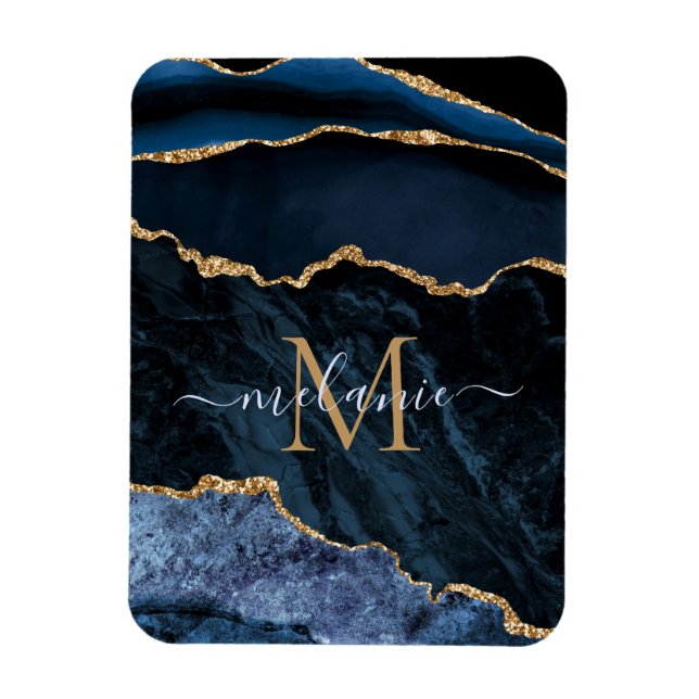 Íman Agate Marinho Blue Gemstone Marble Monograma Nome (Vertical)