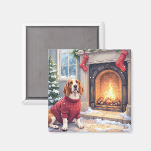 Íman Aguarela Basset Hound Cena de Natal com Lareira Ac