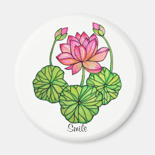 Íman Aguarela Lotus cor-de-rosa com botões & folhas