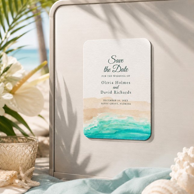 Íman Aguarela Tropical Praia Salve a Data (Watercolor Tropical Beach Save the Date Magnet)