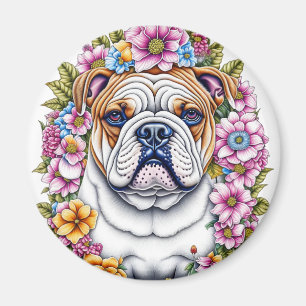Íman Ai Art Bulldog Cercado por Flores Whimsical