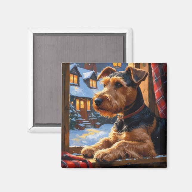 Íman Airedale Terrier Com Luzes De Natal Feriado  (Front/Back)