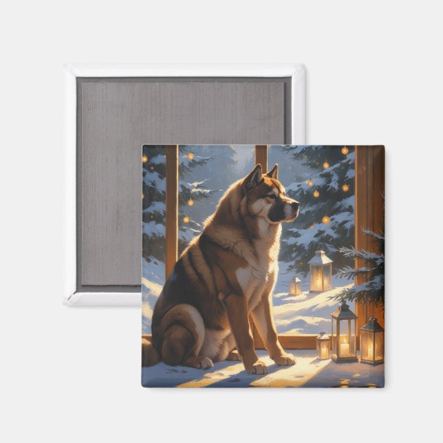 Íman Akita Americano com Luzes de Natal Feriado (Front/Back)