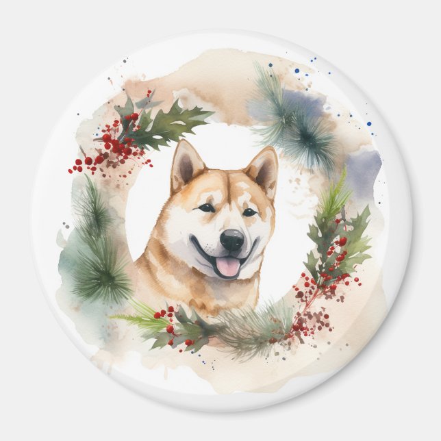 Íman Akita Christmas Wreath Festivo Pup (Frente)
