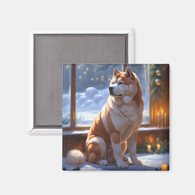 Íman Akita Com Luzes de Natal Feriado (Front/Back)