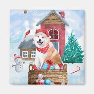 Íman Akita Dog Na Casa De Cachorro De Neve