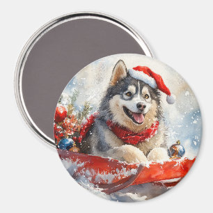 Íman Alaskan Malamute em Sledge Deixe-o nevar no Natal