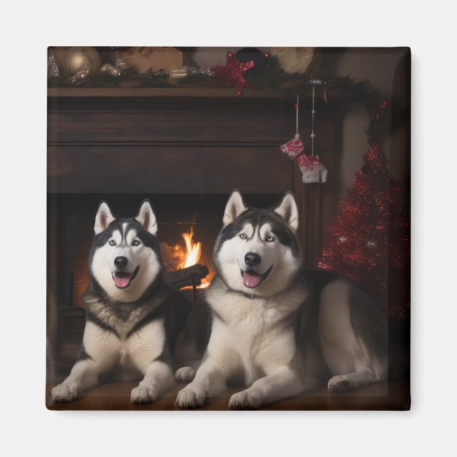 Íman Alaskan Malamute na Lareira de Natal (Frente)