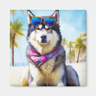 Íman Alaskan Malamute na praia, presente de verão