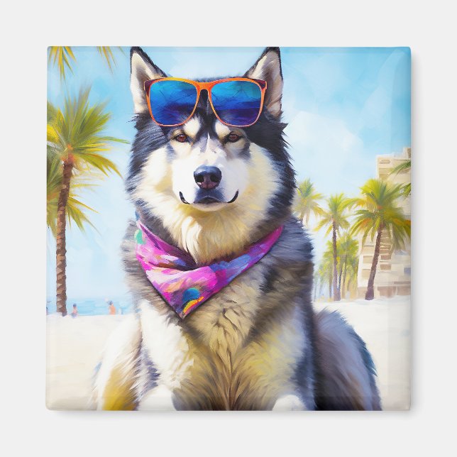 Íman Alaskan Malamute na praia, presente de verão (Frente)