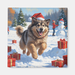 Íman Alaskan Malamute Natal Cena de Neve Festiva