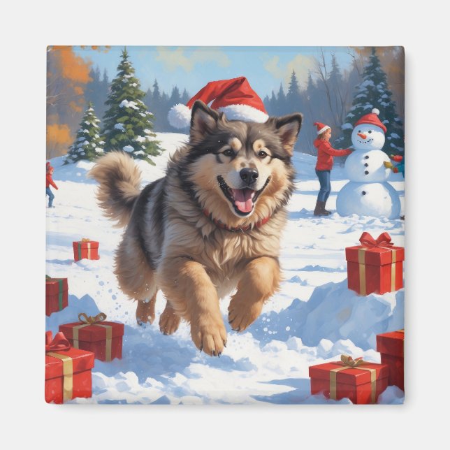 Íman Alaskan Malamute Natal Cena de Neve Festiva (Frente)