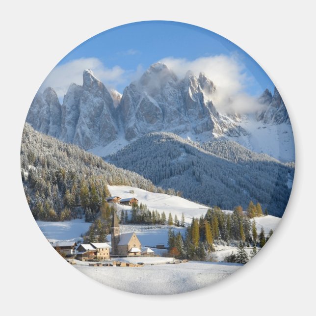 Íman Aldeia Dolomites com ímã redondo de inverno (Frente)
