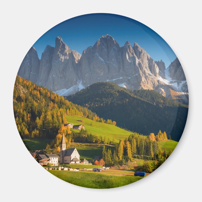 Íman Aldeia Dolomites em ímã redondo do de outono (Frente)