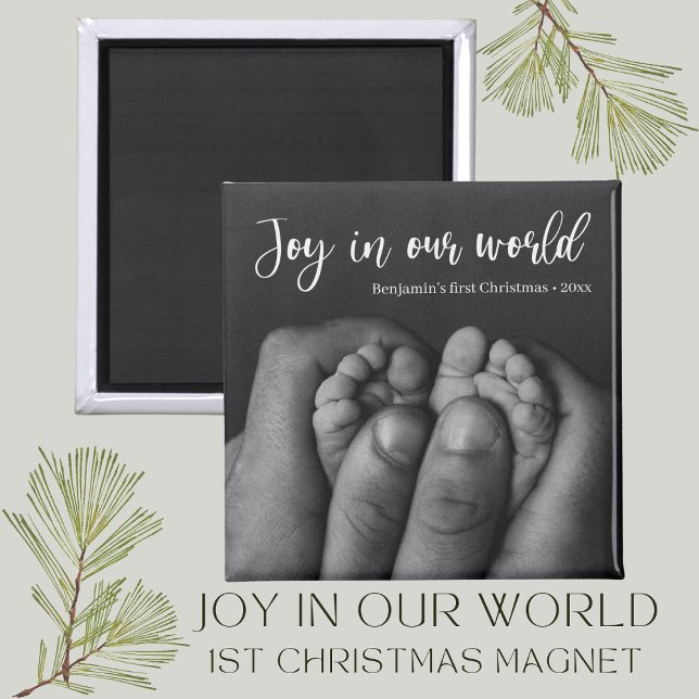 Íman "Alegria no nosso mundo" Primeiro Natal do Bebê Fé (joy in our world photo Christmas magnet babys first christmas holiday gift)