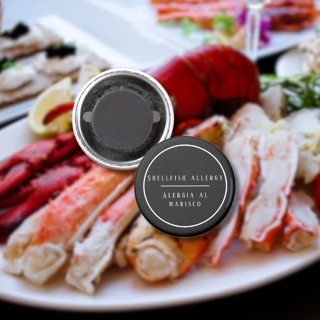 Íman Alergia Bilíngue Preta e Branca a Peixe-Maravilha (Bilingual Food allergy alert, custom text, spanish warning multilingual project)