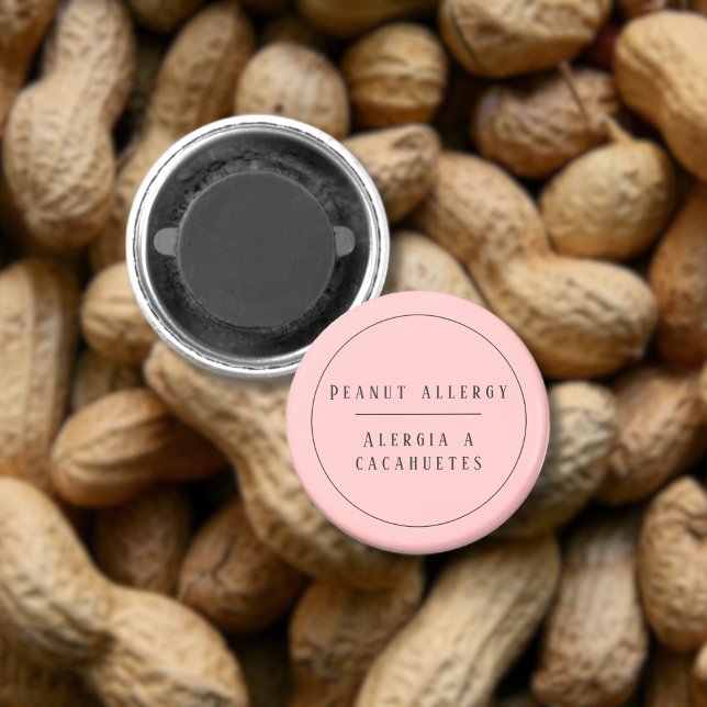 Íman Alerta de Alergia Bilíngue a Amendoins Rosa Espanh (Bilingual peanut allergy warning  magnet. Spanish personalized name & text. multlingual project)