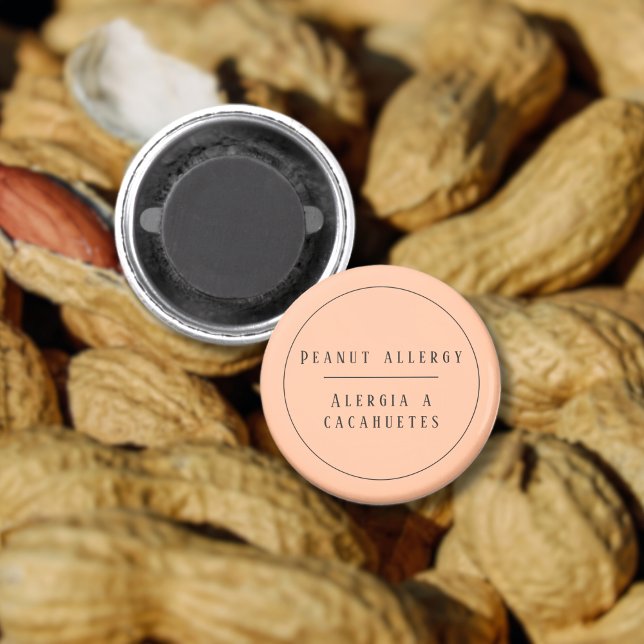 Íman Alerta de Alergia Bilíngue a Peach (Peach Bilingual Peanut Allergy Alert magnet Spanish, custom name & text Multilingual Project)