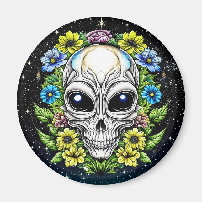 Íman Alienígena extraterrestre com olhos azuis e flores (Frente)