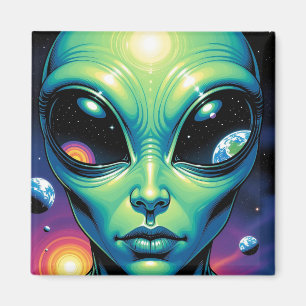 Íman Alienígena face com planetas reflexões nos olhos