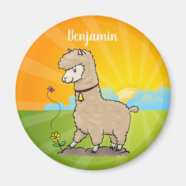 Íman Alpaca feliz e giro com cartoon de borboleta (Frente)