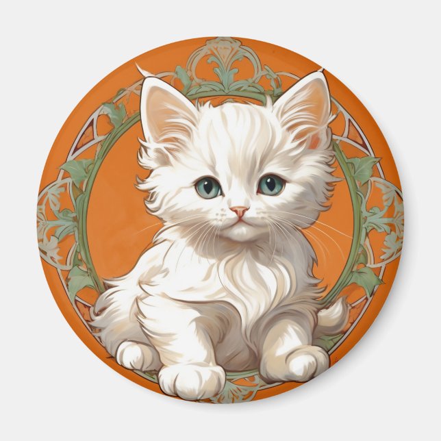 Íman Alphonse Mucha Art Nouveau White Kitten (Frente)