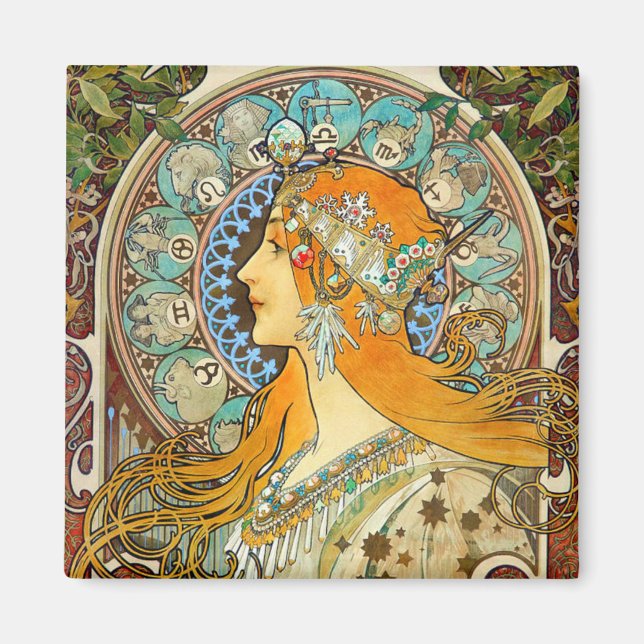 Íman Alphonse Mucha Art Nouveau Zodiac (Frente)