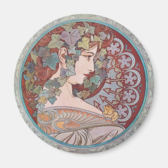 Íman Alphonse Mucha Ivy Art Nouveau Imã de geladeira (Frente)