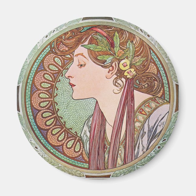 Íman Alphonse Mucha Laurel Art Nouveau Round Magnet (Frente)