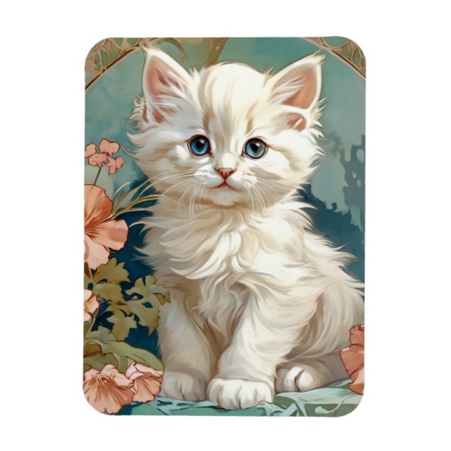 Íman Alphonse Mucha Style White Cat (Vertical)