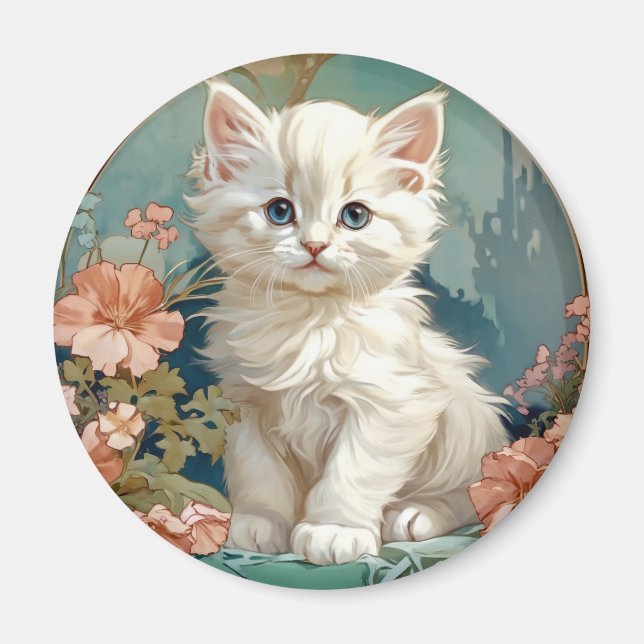 Íman Alphonse Mucha Style White Cat (Frente)