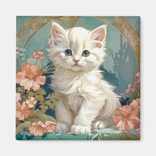 Íman Alphonse Mucha Style White Cat, arte de gatinhos p