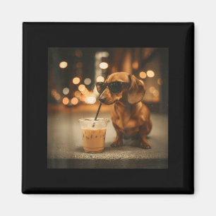 Íman Amante engraçado de dachshund bebendo café gelado