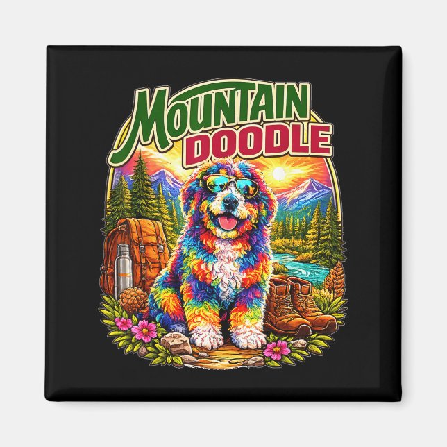 Íman Amantes de cães doodle da montanha pop art retrô a (Frente)