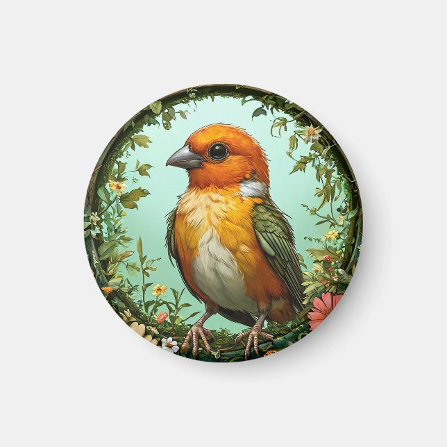 Íman 🐤 Amarelo Pássaro Moldura Floral Charme da Nature (Frente)