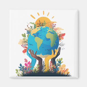 Íman Ambiente - Ilustração da Terra com Mão e Sol
