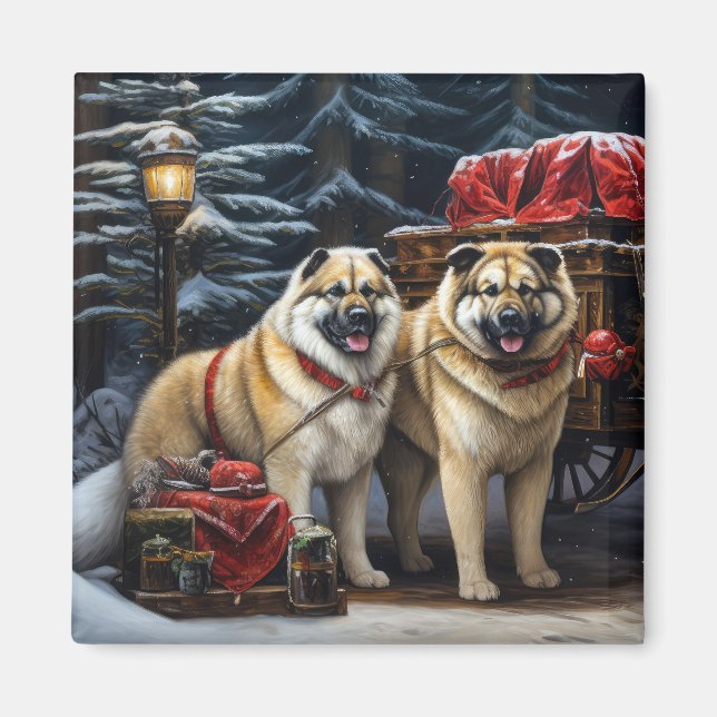 Íman American Akita Snowy Sleigh Passear Decência de Na (Frente)