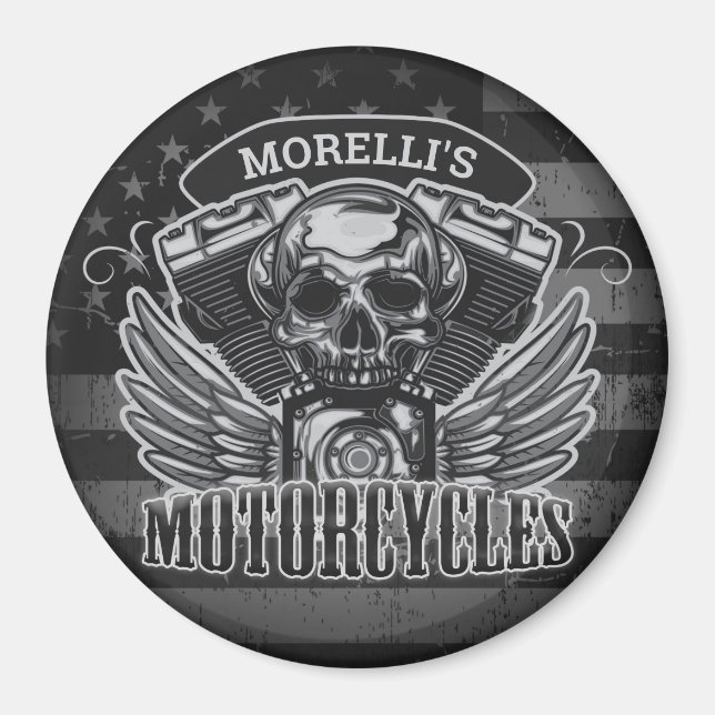 Íman American Biker ADD NAME Skull V-Twin Motocicletas (Frente)