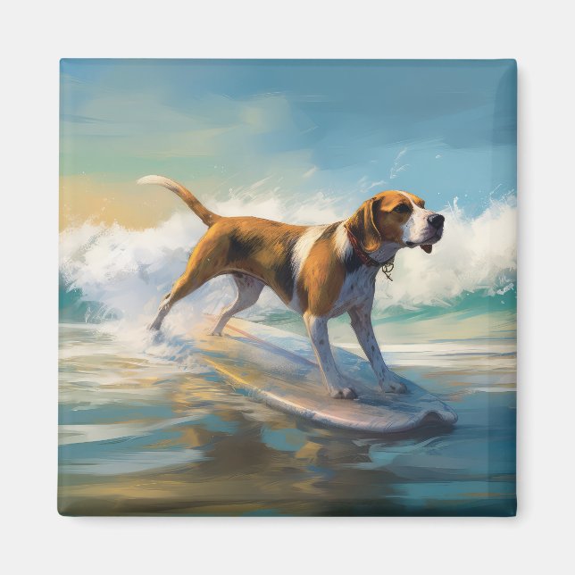 Íman American Engligh Foxhound Beach Surfing Painting (Frente)
