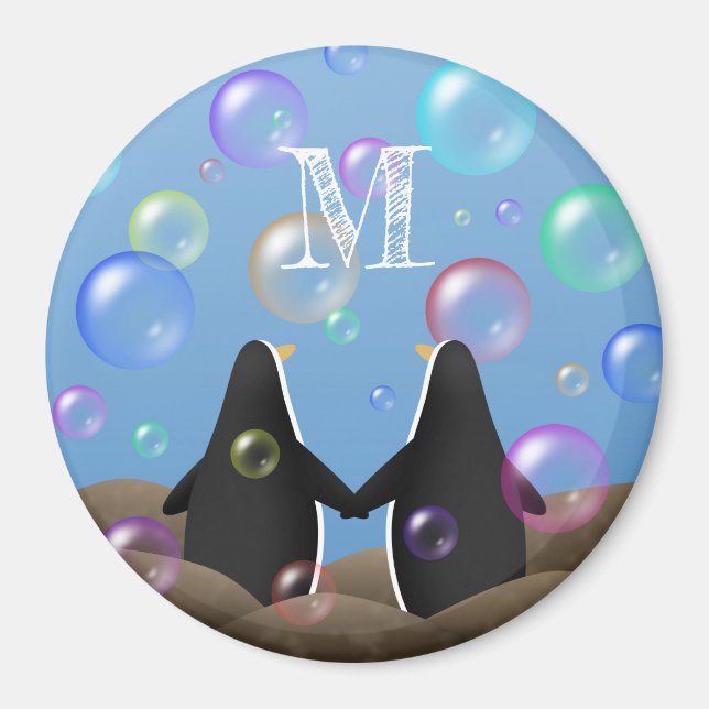 Íman amigos pinguins olhando para bolhas monogramadas (Frente)
