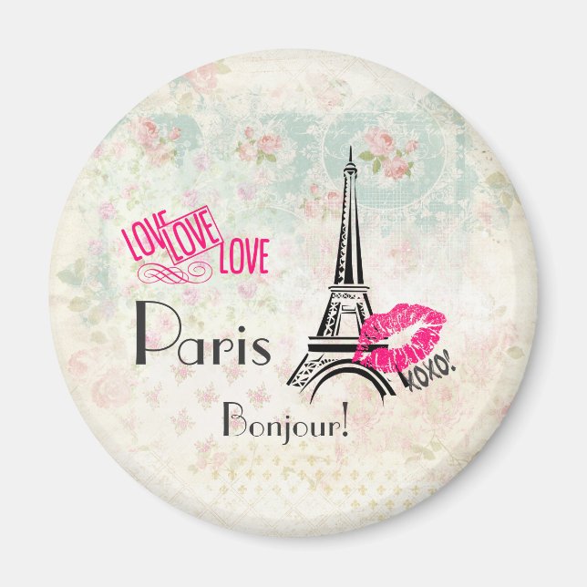 Íman Amor Paris com Torre Eiffel em Padrão Vintage (Frente)