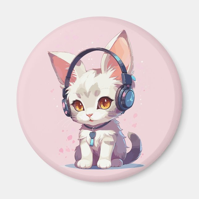 Íman Amuleto de Gatinho Fofo com Fones de Ouvido (Frente)