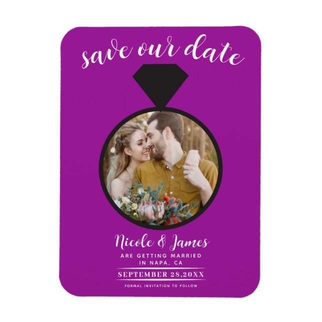 Íman Anel de Noiva Roxo Foto Save the Date (Vertical)