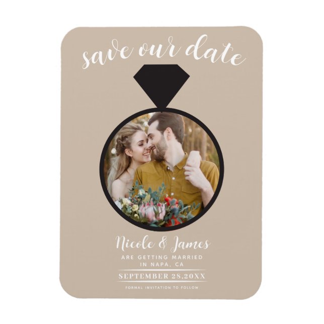 Íman Anel de Noivado Bege Foto Save the Date (Vertical)
