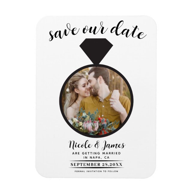 Íman Anel de Noivado Branco e Preto Foto Save the Date (Vertical)