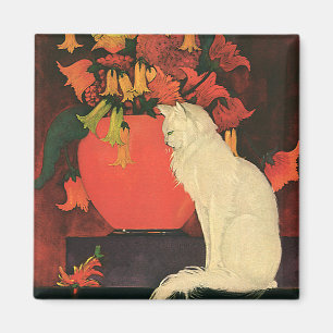 Íman Animais Antigos, Gato Branco Elegante, Flores de O